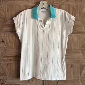 Boast Womens White & Turquoise Striped Polo Shirt Size Small Activewear